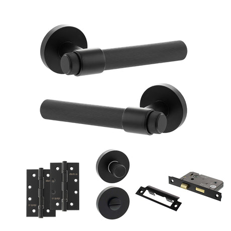 Quality image of Senza Pari Fasana Door Handle Pack (Bathroom Set - 2.5" CE Bathroom Lock, 4" Slim Knuckle Hinges x2) - Matt Black | Sku. adpspr165mb12 | available from Trade Door Handles.