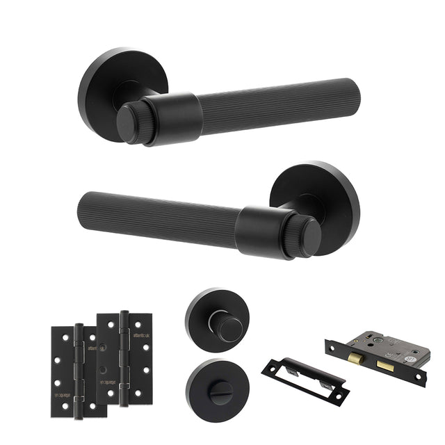 Quality image of Senza Pari Fasana Door Handle Pack (Bathroom Set - 3" CE Bathroom Lock, 4" Slim Knuckle Hinges x2) - Matt Black | Sku. adpspr165mb13 | available from Trade Door Handles.