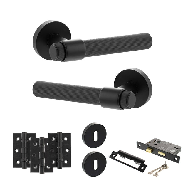 Quality image of Senza Pari Fasana Door Handle Pack (3 Lever Lock Set - 3" CE Sashlock, 3" Fire Rated Hinges x3) - Matt Black | Sku. adpspr165mb15 | available from Trade Door Handles.