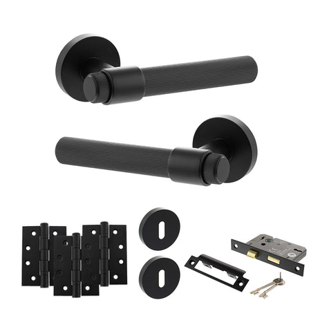 Quality image of Senza Pari Fasana Door Handle Pack (3 Lever Lock Set - 2.5" CE Sashlock, 4" Fire Rated Hinges x3) - Matt Black | Sku. adpspr165mb16 | available from Trade Door Handles.