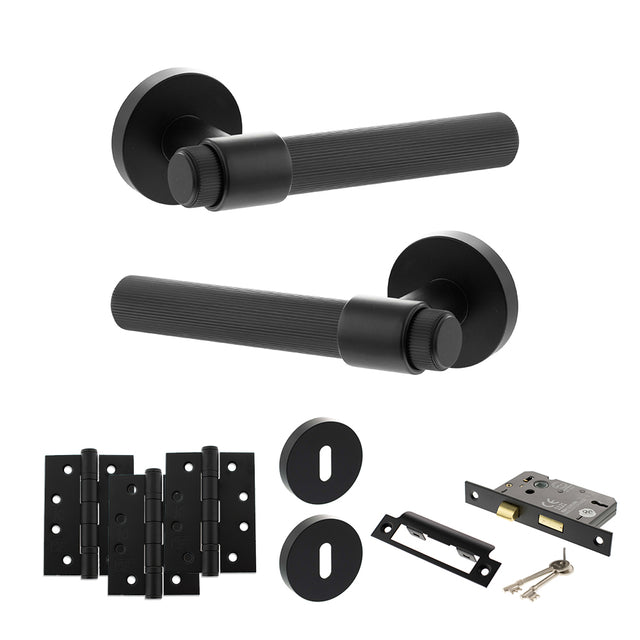 Quality image of Senza Pari Fasana Door Handle Pack (3 Lever Lock Set - 2.5" CE Sashlock, 4" Fire Rated Hinges x3) - Matt Black | Sku. adpspr165mb16 | available from Trade Door Handles.