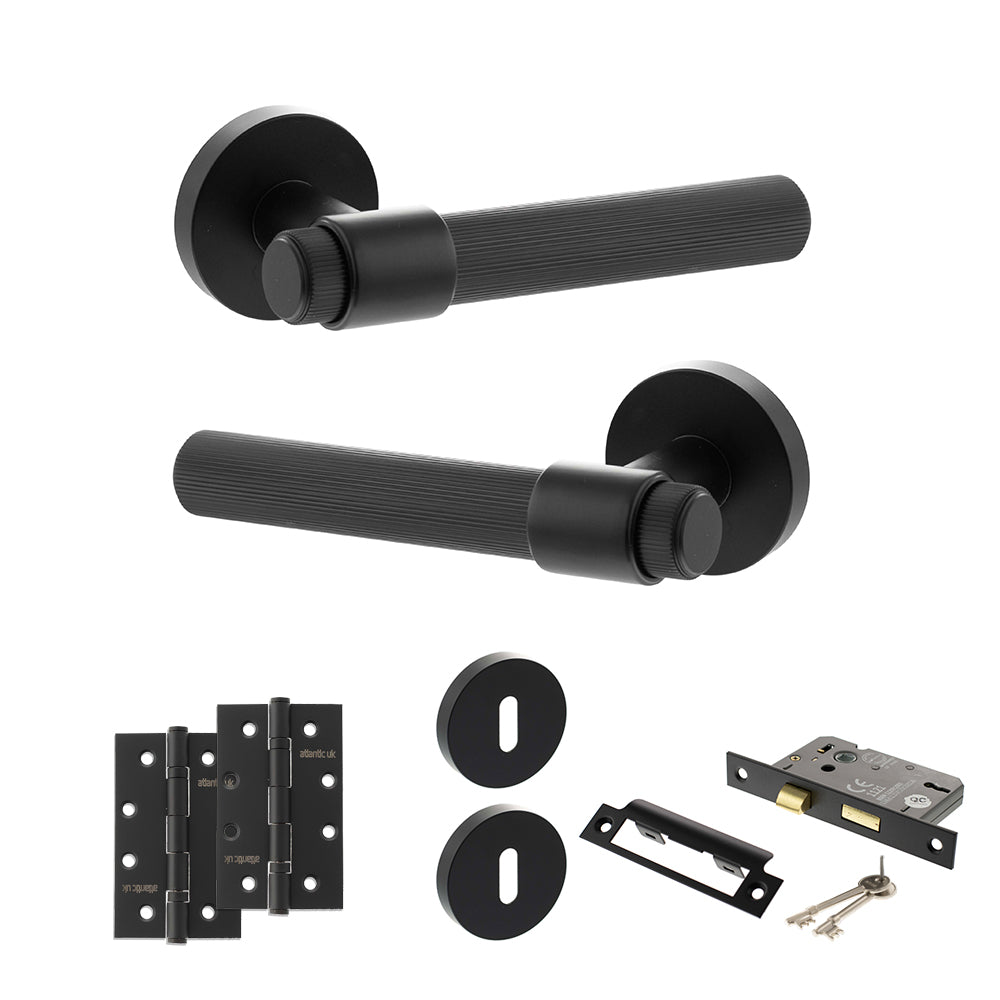 Quality image of Senza Pari Fasana Door Handle Pack (3 Lever Lock Set - 2.5" CE Sashlock, 4" Slim Knuckle Hinges x2) - Matt Black | Sku. adpspr165mb18 | available from Trade Door Handles.