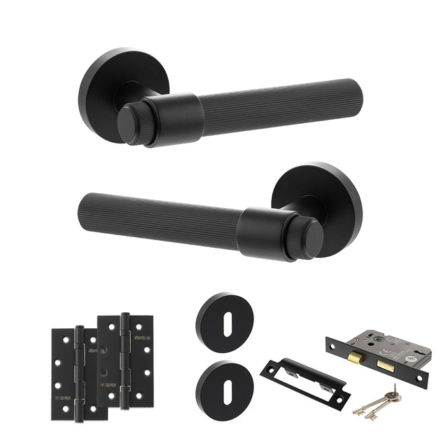 Quality image of Senza Pari Fasana Door Handle Pack (3 Lever Lock Set - 2.5" CE Sashlock, 4" Slim Knuckle Hinges x2) - Matt Black | Sku. adpspr165mb18 | available from Trade Door Handles.
