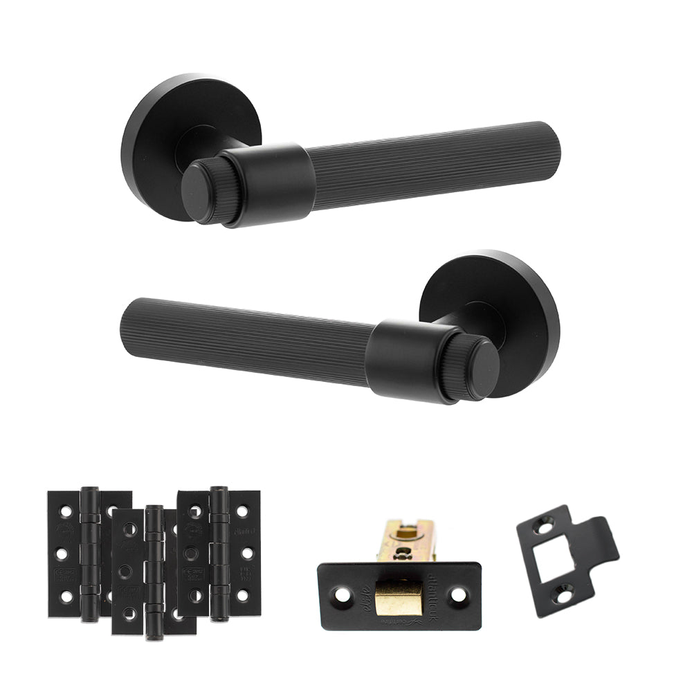 Quality image of Senza Pari Fasana Door Handle Pack (Latch Set - 2.5" CE Latch, 3" Fire Rated Hinges x3) - Matt Black | Sku. adpspr165mb1 | available from Trade Door Handles.