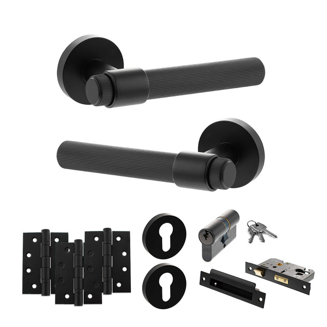 Quality image of Senza Pari Fasana Door Handle Pack (Euro Lock Set - 3" CE Sashlock, 4" Fire Rated Hinges x3) - Matt Black | Sku. adpspr165mb23 | available from Trade Door Handles.