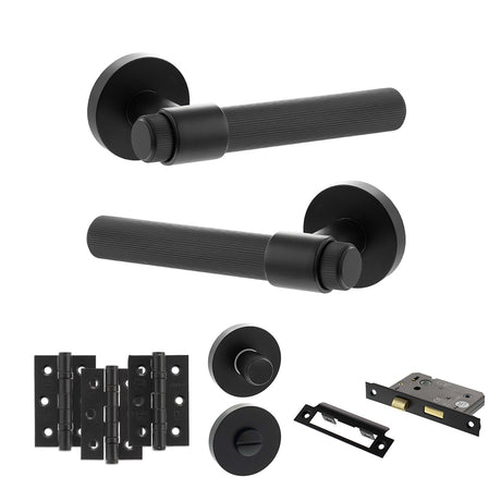 Quality image of Senza Pari Fasana Door Handle Pack (Bathroom Set - 3" CE Bathroom Lock, 3" Fire Rated Hinges x3) - Matt Black | Sku. adpspr165mb9 | available from Trade Door Handles.