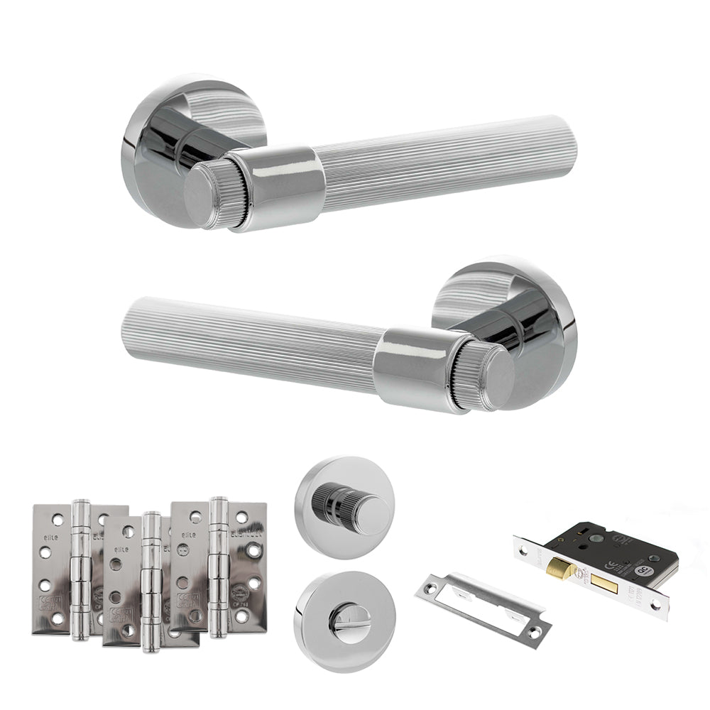 Quality image of Senza Pari Fasana Door Handle Pack (Bathroom Set - 3" CE Bathroom Lock, 4" Fire Rated Hinges x3) - Polished Chrome | Sku. adpspr165pc11 | available from Trade Door Handles.