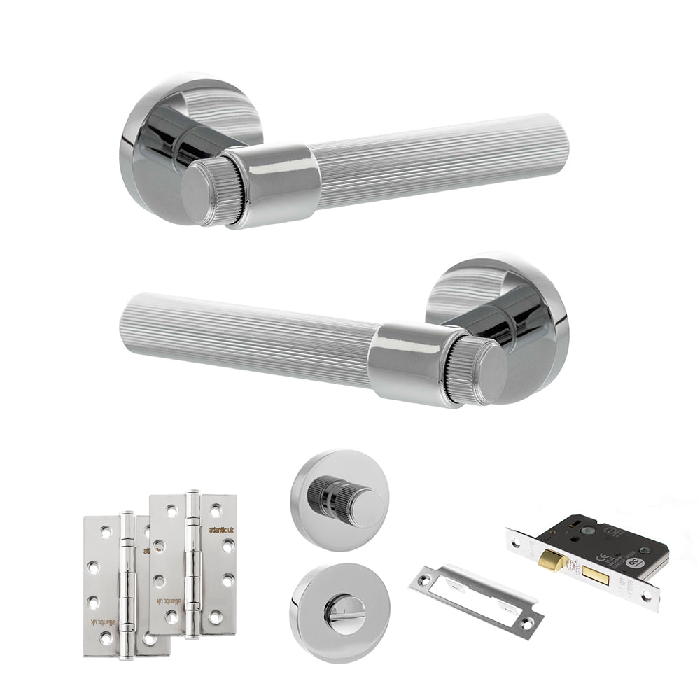 Quality image of Senza Pari Fasana Door Handle Pack (Bathroom Set - 3" CE Bathroom Lock, 4" Slim Knuckle Hinges x2) - Polished Chrome | Sku. adpspr165pc13 | available from Trade Door Handles.