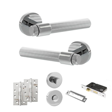 Quality image of Senza Pari Fasana Door Handle Pack (Bathroom Set - 3" CE Bathroom Lock, 4" Slim Knuckle Hinges x2) - Polished Chrome | Sku. adpspr165pc13 | available from Trade Door Handles.
