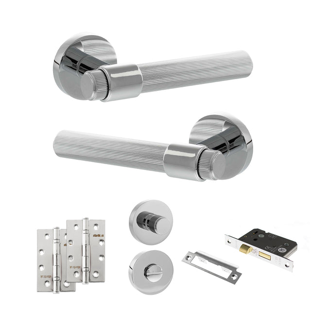 Quality image of Senza Pari Fasana Door Handle Pack (Bathroom Set - 3" CE Bathroom Lock, 4" Slim Knuckle Hinges x2) - Polished Chrome | Sku. adpspr165pc13 | available from Trade Door Handles.