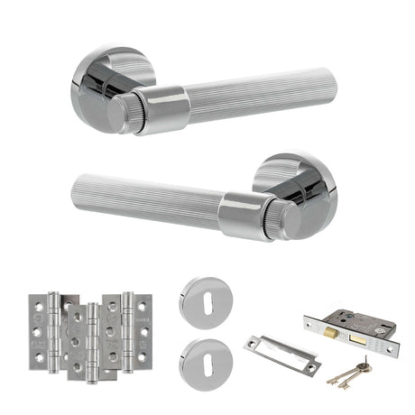 Quality image of Senza Pari Fasana Door Handle Pack (3 Lever Lock Set - 2.5" CE Sashlock, 3" Fire Rated Hinges x3) - Polished Chrome | Sku. adpspr165pc14 | available from Trade Door Handles.