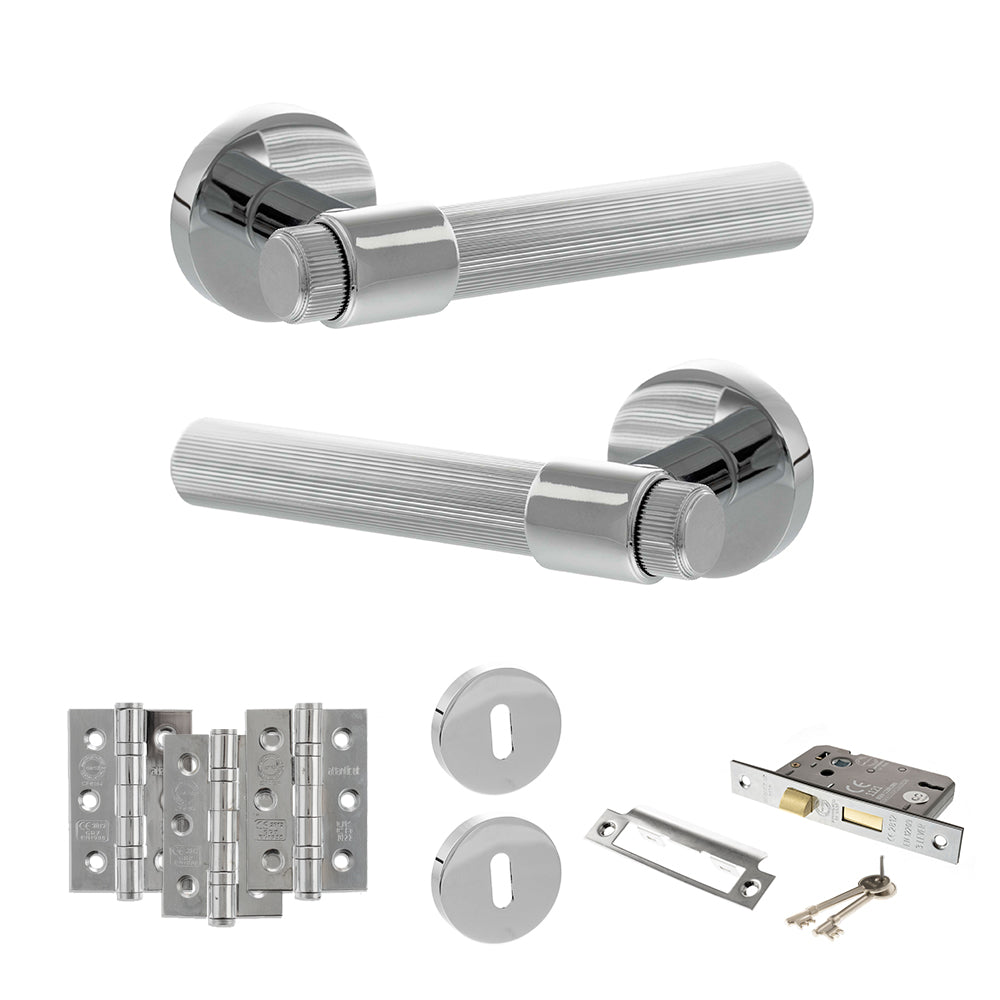 Quality image of Senza Pari Fasana Door Handle Pack (3 Lever Lock Set - 3" CE Sashlock, 3" Fire Rated Hinges x3) - Polished Chrome | Sku. adpspr165pc15 | available from Trade Door Handles.