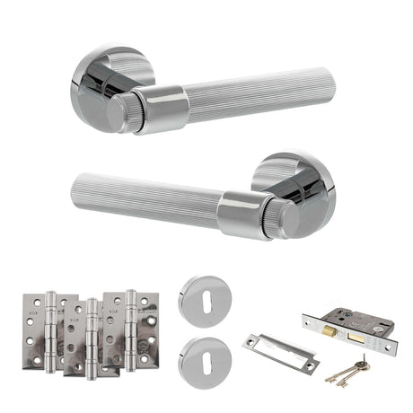 Quality image of Senza Pari Fasana Door Handle Pack (3 Lever Lock Set - 2.5" CE Sashlock, 4" Fire Rated Hinges x3) - Polished Chrome | Sku. adpspr165pc16 | available from Trade Door Handles.