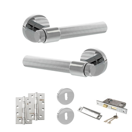 Quality image of Senza Pari Fasana Door Handle Pack (3 Lever Lock Set - 3" CE Sashlock, 4" Slim Knuckle Hinges x2) - Polished Chrome | Sku. adpspr165pc19 | available from Trade Door Handles.