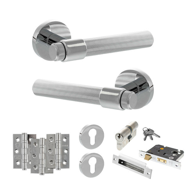 Quality image of Senza Pari Fasana Door Handle Pack (Euro Lock Set - 3" CE Sashlock, 3" Fire Rated Hinges x3) - Polished Chrome | Sku. adpspr165pc21 | available from Trade Door Handles.