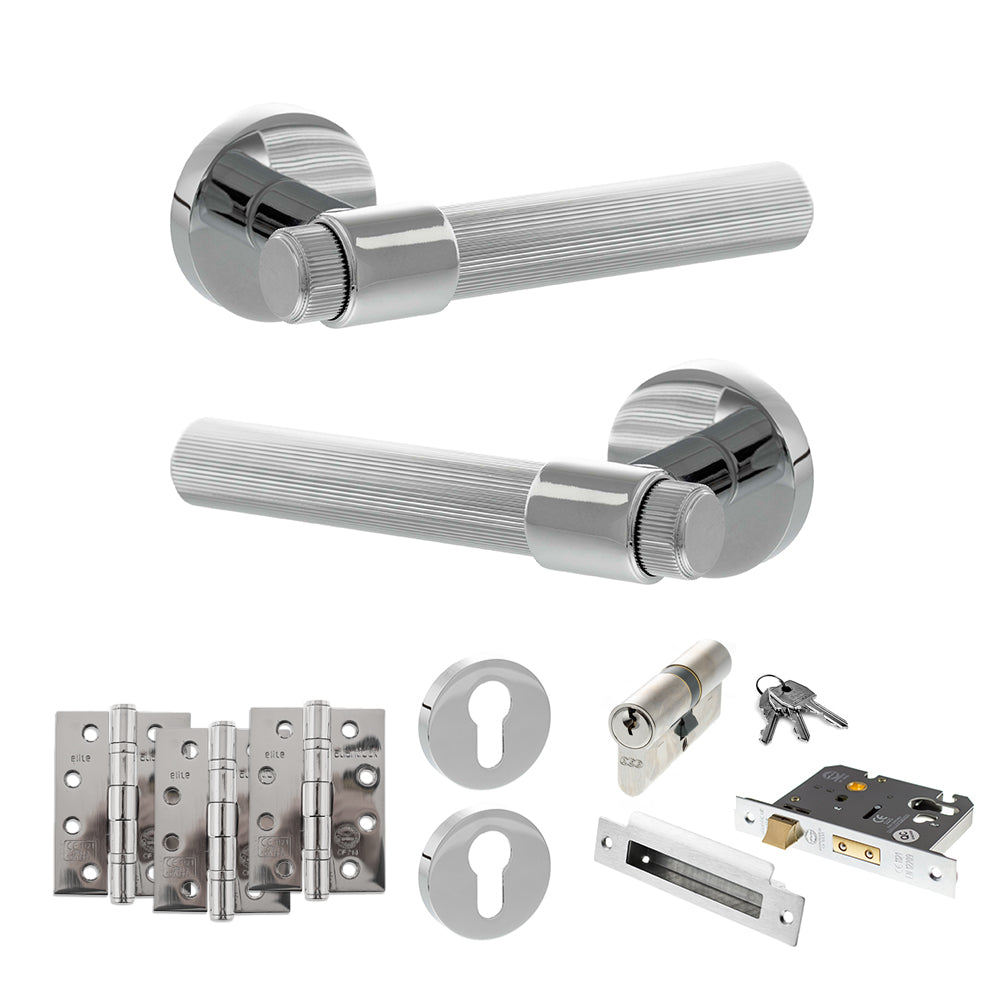 Quality image of Senza Pari Fasana Door Handle Pack (Euro Lock Set - 3" CE Sashlock, 4" Fire Rated Hinges x3) - Polished Chrome | Sku. adpspr165pc23 | available from Trade Door Handles.