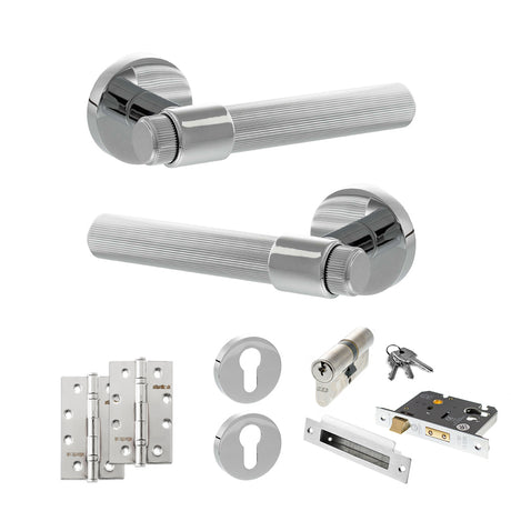 Quality image of Senza Pari Fasana Door Handle Pack (Euro Lock Set - 2.5" CE Sashlock, 4" Slim Knuckle Hinges x2) - Polished Chrome | Sku. adpspr165pc24 | available from Trade Door Handles.