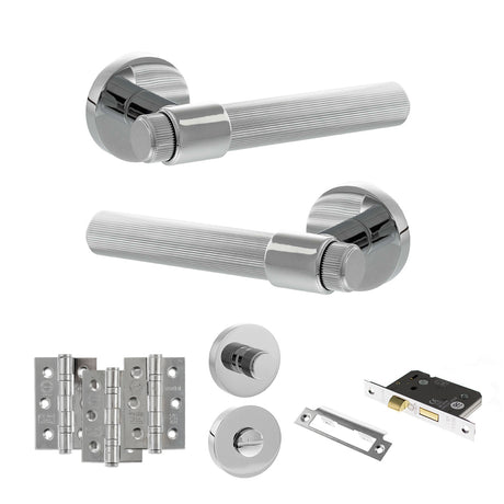 Quality image of Senza Pari Fasana Door Handle Pack (Bathroom Set - 2.5" CE Bathroom Lock, 3" Fire Rated Hinges x3) - Polished Chrome | Sku. adpspr165pc8 | available from Trade Door Handles.