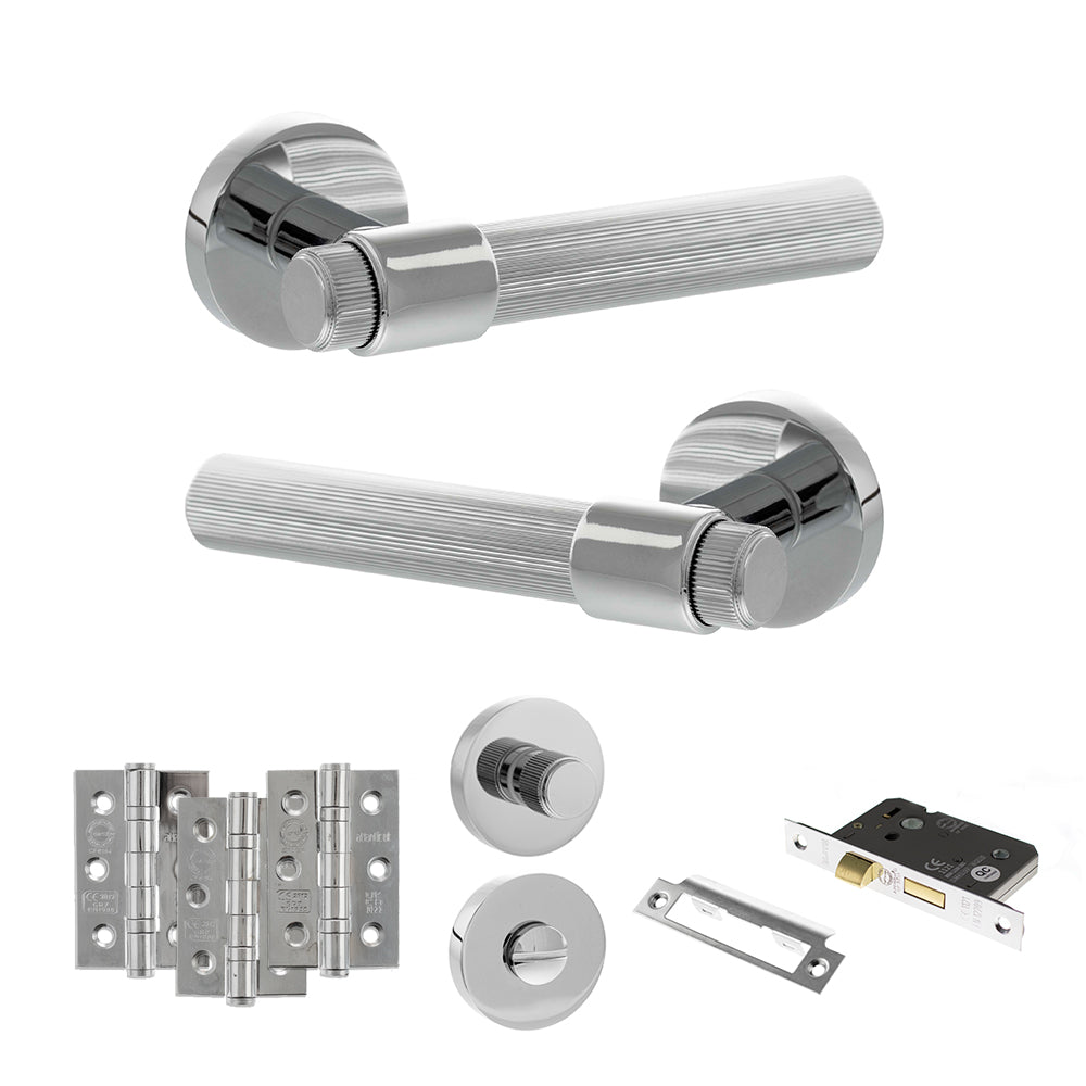 Quality image of Senza Pari Fasana Door Handle Pack (Bathroom Set - 3" CE Bathroom Lock, 3" Fire Rated Hinges x3) - Polished Chrome | Sku. adpspr165pc9 | available from Trade Door Handles.