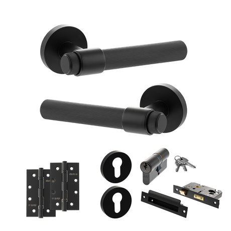 Quality image of Senza Pari Fasana Door Handle Pack (Euro Lock Set - 2.5" CE Sashlock, 4" Slim Knuckle Hinges x2) - Matt Black | Sku. adpspr165mb24 | available from Trade Door Handles.