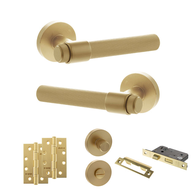 Quality image of Senza Pari Fasana Door Handle Pack (Bathroom Set - 3" CE Bathroom Lock, 4" Slim Knuckle Hinges x2) - Satin Brass | Sku. adpspr165sb13 | available from Trade Door Handles.