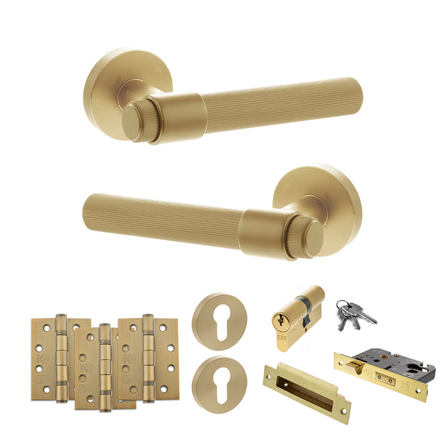 Quality image of Senza Pari Fasana Door Handle Pack (Euro Lock Set - 3" CE Sashlock, 4" Fire Rated Hinges x3) - Satin Brass | Sku. adpspr165sb23 | available from Trade Door Handles.