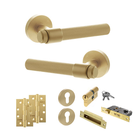 Quality image of Senza Pari Fasana Door Handle Pack (Euro Lock Set - 3" CE Sashlock, 4" Slim Knuckle Hinges x2) - Satin Brass | Sku. adpspr165sb25 | available from Trade Door Handles.