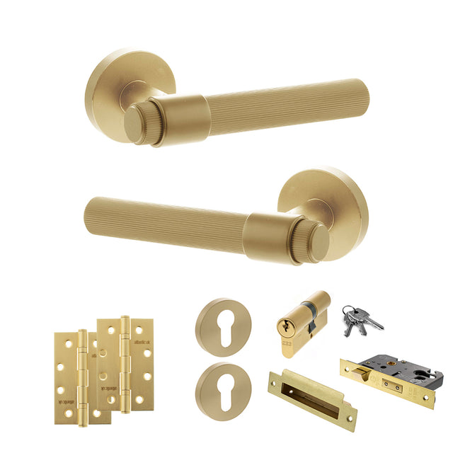 Quality image of Senza Pari Fasana Door Handle Pack (Euro Lock Set - 3" CE Sashlock, 4" Slim Knuckle Hinges x2) - Satin Brass | Sku. adpspr165sb25 | available from Trade Door Handles.