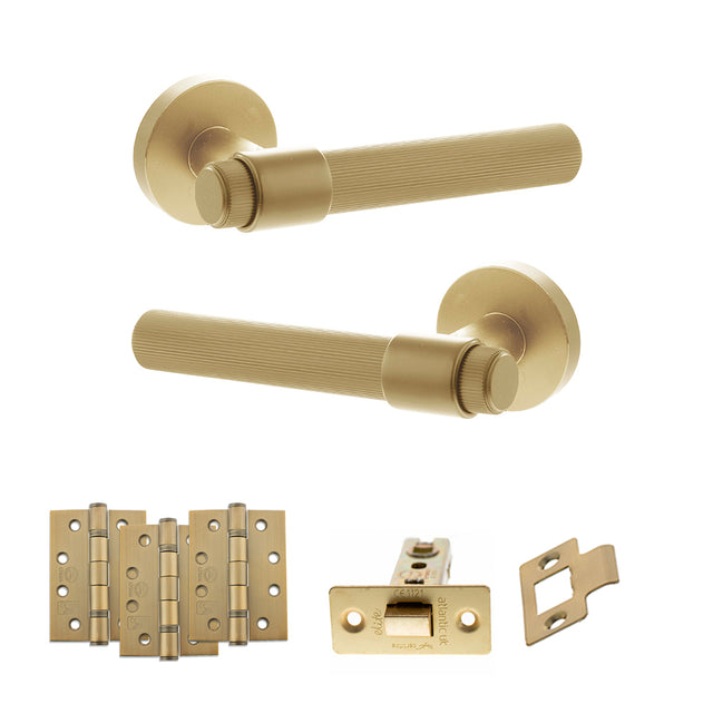 Quality image of Senza Pari Fasana Door Handle Pack (Latch Set - 3" CE Latch, 4" Fire Rated Hinges x3) - Satin Brass | Sku. adpspr165sb4 | available from Trade Door Handles.