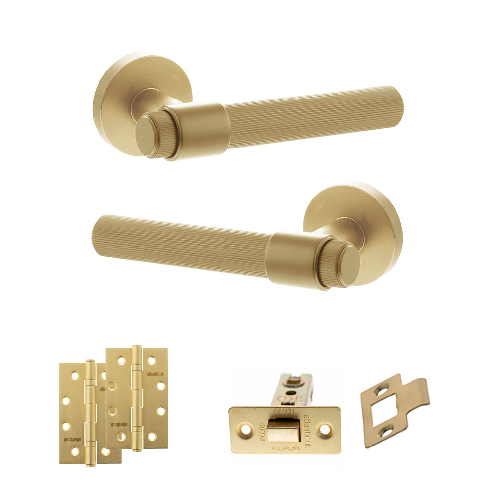 Quality image of Senza Pari Fasana Door Handle Pack (Latch Set - 2.5" CE Latch, 4" Slim Knuckle Hinges x2) - Satin Brass | Sku. adpspr165sb5 | available from Trade Door Handles.