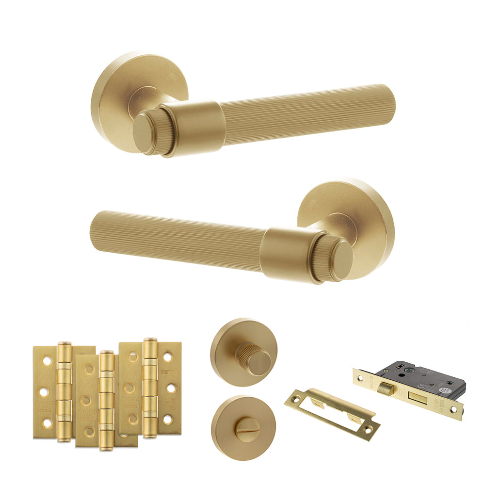 Quality image of Senza Pari Fasana Door Handle Pack (Bathroom Set - 3" CE Bathroom Lock, 3" Fire Rated Hinges x3) - Satin Brass | Sku. adpspr165sb9 | available from Trade Door Handles.