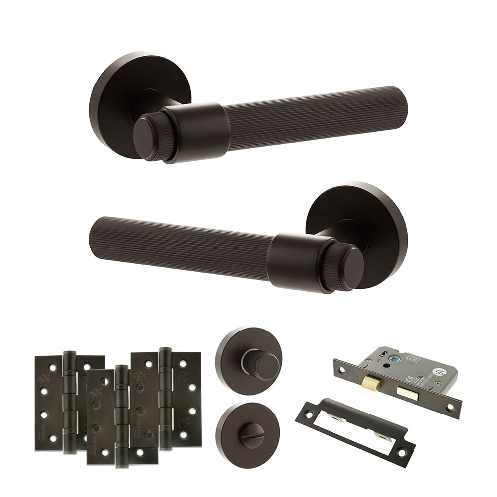 Quality image of Senza Pari Fasana Door Handle Pack (Bathroom Set - 3" CE Bathroom Lock, 4" Fire Rated Hinges x3) - Urban Dark Bronze | Sku. adpspr165udb11 | available from Trade Door Handles.