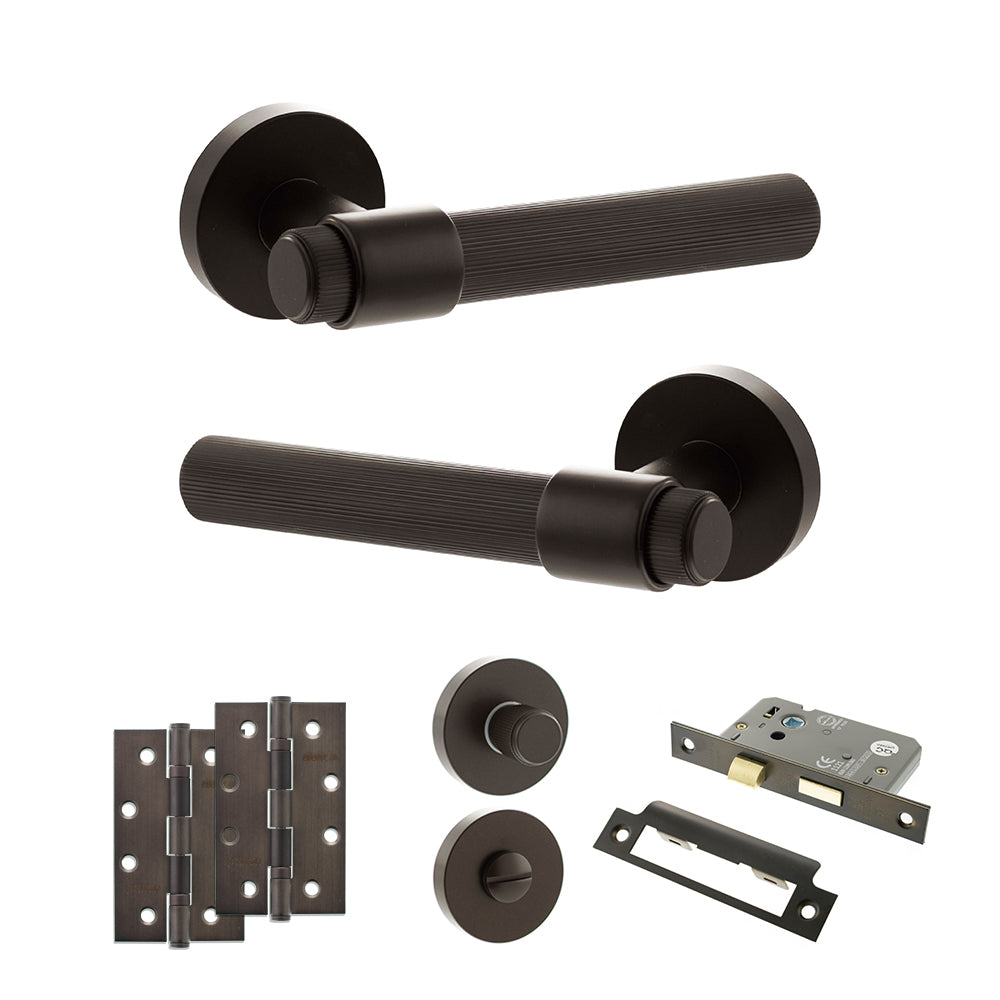 Quality image of Senza Pari Fasana Door Handle Pack (Bathroom Set - 3" CE Bathroom Lock, 4" Slim Knuckle Hinges x2) - Urban Dark Bronze | Sku. adpspr165udb13 | available from Trade Door Handles.