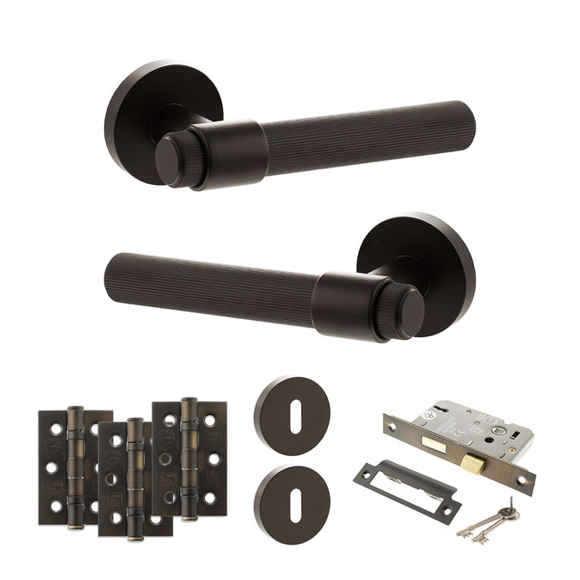Quality image of Senza Pari Fasana Door Handle Pack (3 Lever Lock Set - 3" CE Sashlock, 3" Fire Rated Hinges x3) - Urban Dark Bronze | Sku. adpspr165udb15 | available from Trade Door Handles.