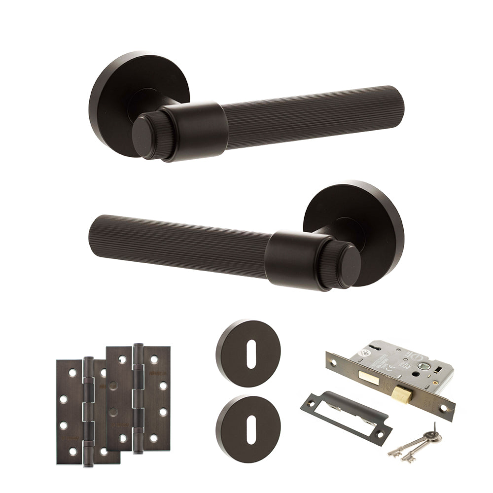 Quality image of Senza Pari Fasana Door Handle Pack (3 Lever Lock Set - 3" CE Sashlock, 4" Slim Knuckle Hinges x2) - Urban Dark Bronze | Sku. adpspr165udb19 | available from Trade Door Handles.