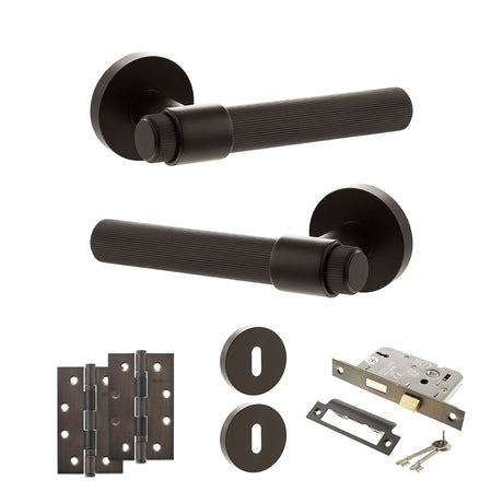 Quality image of Senza Pari Fasana Door Handle Pack (3 Lever Lock Set - 3" CE Sashlock, 4" Slim Knuckle Hinges x2) - Urban Dark Bronze | Sku. adpspr165udb19 | available from Trade Door Handles.