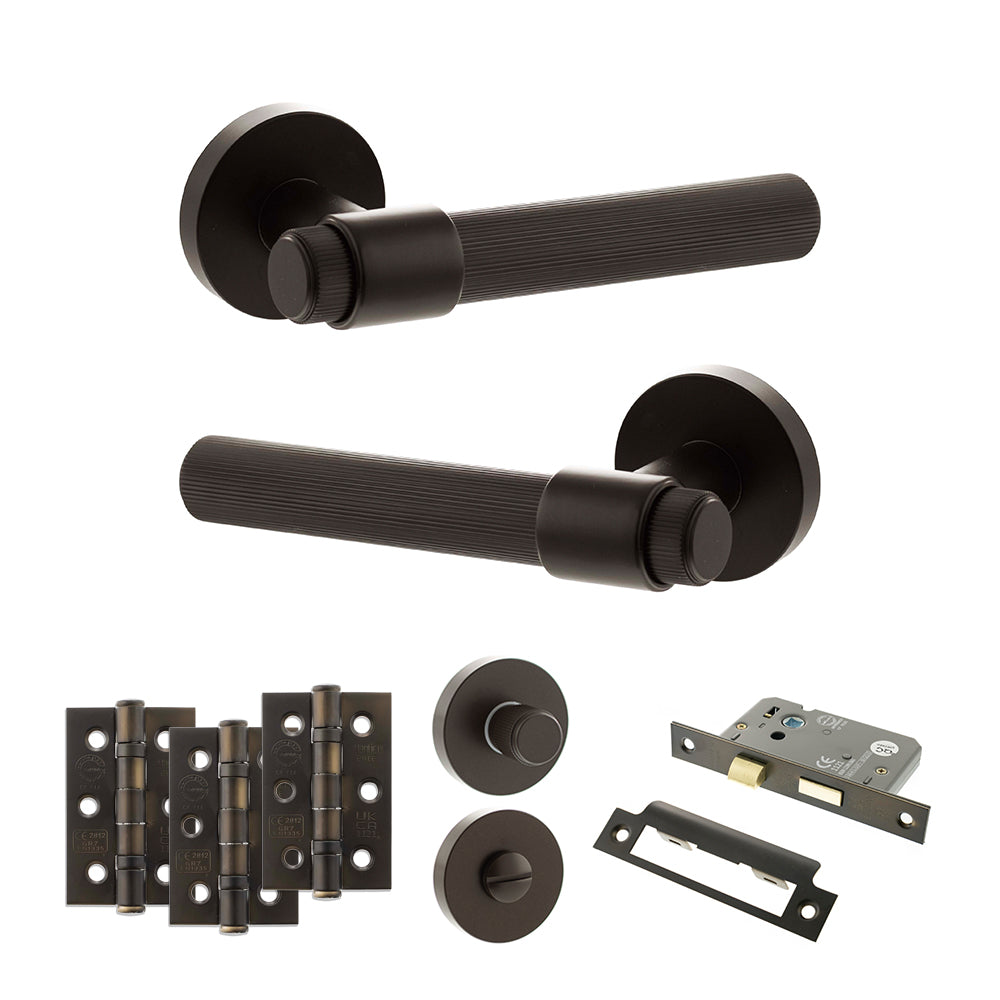 Quality image of Senza Pari Fasana Door Handle Pack (Bathroom Set - 3" CE Bathroom Lock, 3" Fire Rated Hinges x3) - Urban Dark Bronze | Sku. adpspr165udb9 | available from Trade Door Handles.
