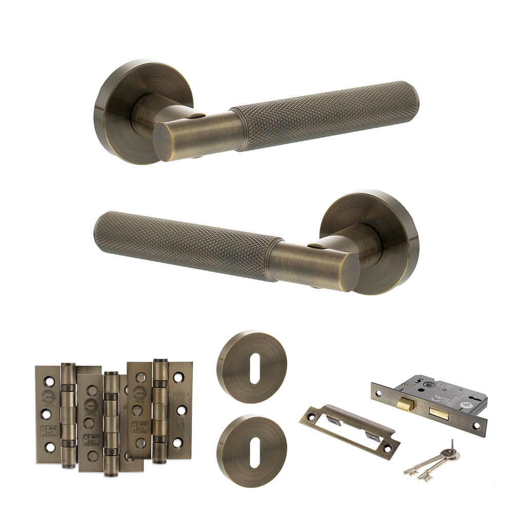 Quality image of Senza Pari Rosarno Door Handle Pack (3 Lever Lock Set - 3" CE Sashlock, 3" Fire Rated Hinges x3) - Antique Brass | Sku. adpspr170ab15 | available from Trade Door Handles.