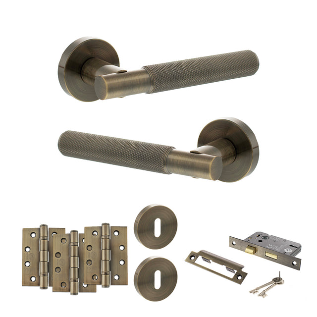 Quality image of Senza Pari Rosarno Door Handle Pack (3 Lever Lock Set - 2.5" CE Sashlock, 4" Fire Rated Hinges x3) - Antique Brass | Sku. adpspr170ab16 | available from Trade Door Handles.