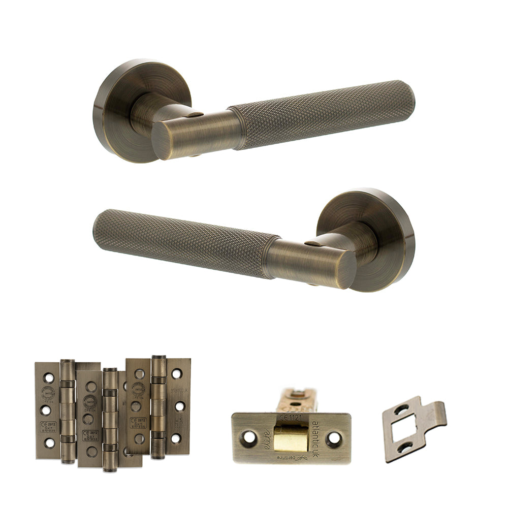 Quality image of Senza Pari Rosarno Door Handle Pack (Latch Set - 3" CE Latch, 3" Fire Rated Hinges x3) - Antique Brass | Sku. adpspr170ab2 | available from Trade Door Handles.
