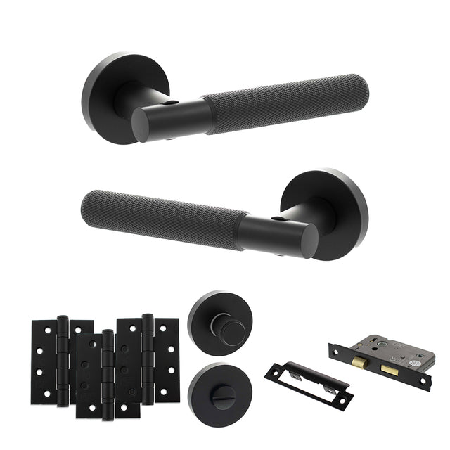 Quality image of Senza Pari Rosarno Door Handle Pack (Bathroom Set - 2.5" CE Bathroom Lock, 4" Fire Rated Hinges x3) - Matt Black | Sku. adpspr170mb10 | available from Trade Door Handles.