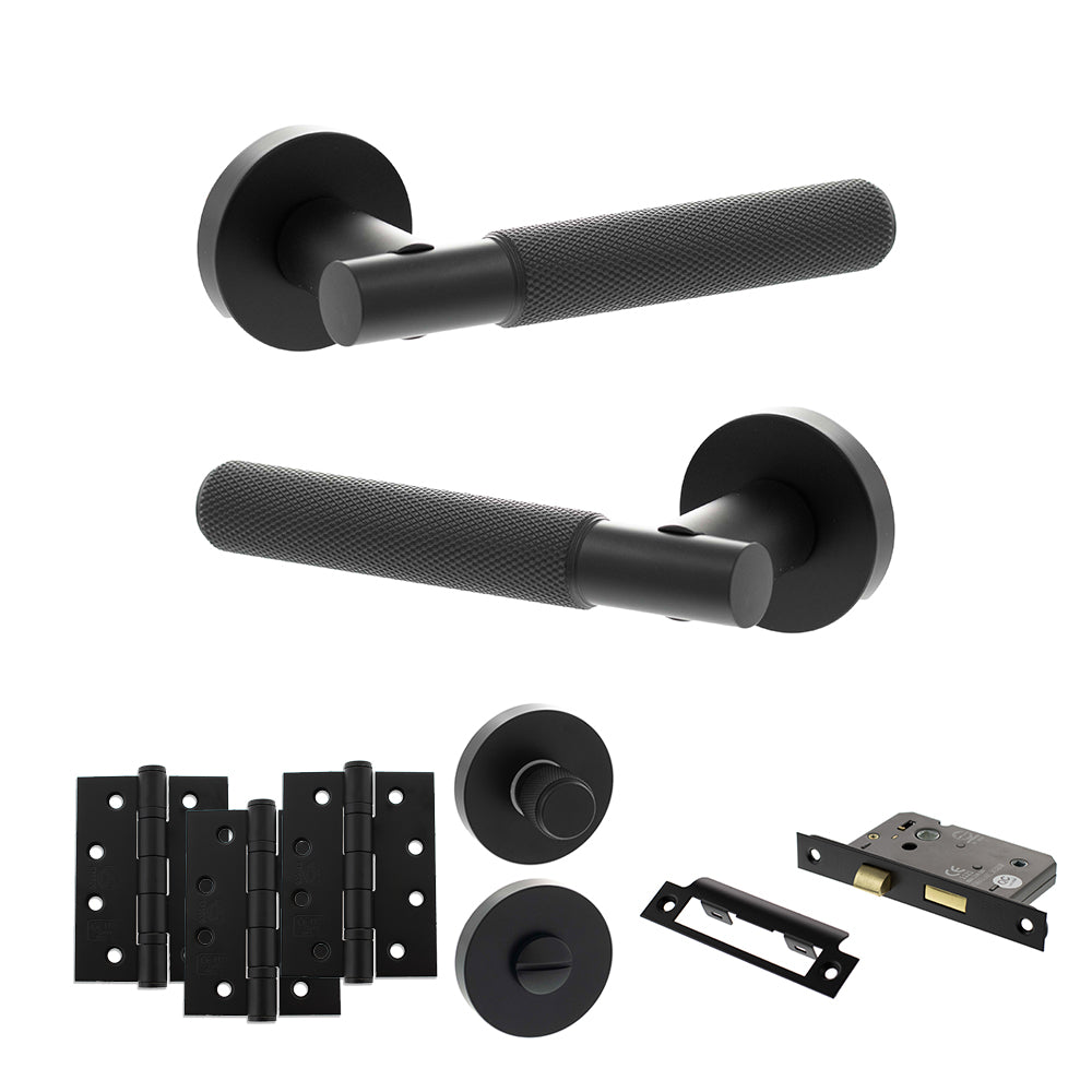 Quality image of Senza Pari Rosarno Door Handle Pack (Bathroom Set - 3" CE Bathroom Lock, 4" Fire Rated Hinges x3) - Matt Black | Sku. adpspr170mb11 | available from Trade Door Handles.