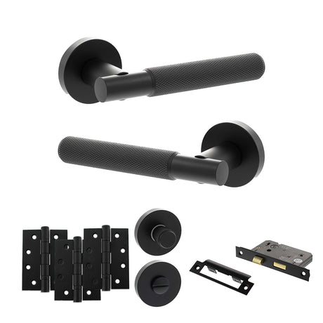 Quality image of Senza Pari Rosarno Door Handle Pack (Bathroom Set - 3" CE Bathroom Lock, 4" Fire Rated Hinges x3) - Matt Black | Sku. adpspr170mb11 | available from Trade Door Handles.