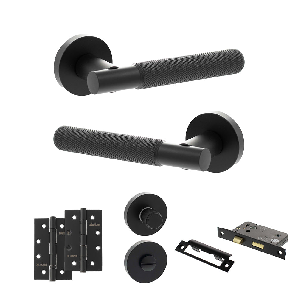 Quality image of Senza Pari Rosarno Door Handle Pack (Bathroom Set - 2.5" CE Bathroom Lock, 4" Slim Knuckle Hinges x2) - Matt Black | Sku. adpspr170mb12 | available from Trade Door Handles.