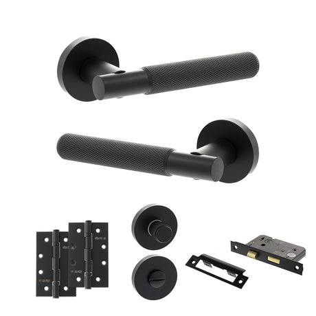 Quality image of Senza Pari Rosarno Door Handle Pack (Bathroom Set - 2.5" CE Bathroom Lock, 4" Slim Knuckle Hinges x2) - Matt Black | Sku. adpspr170mb12 | available from Trade Door Handles.