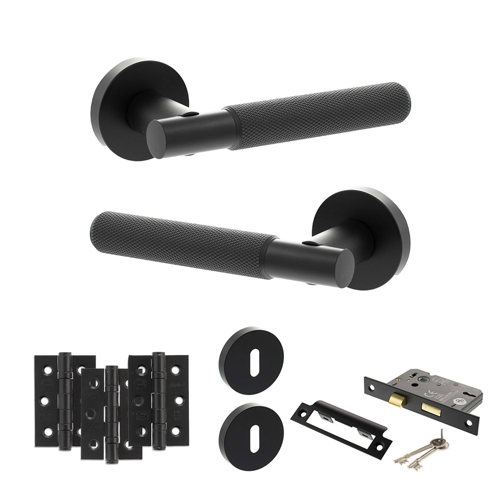Quality image of Senza Pari Rosarno Door Handle Pack (3 Lever Lock Set - 2.5" CE Sashlock, 3" Fire Rated Hinges x3) - Matt Black | Sku. adpspr170mb14 | available from Trade Door Handles.