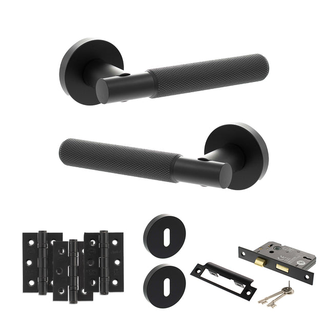 Quality image of Senza Pari Rosarno Door Handle Pack (3 Lever Lock Set - 3" CE Sashlock, 3" Fire Rated Hinges x3) - Matt Black | Sku. adpspr170mb15 | available from Trade Door Handles.