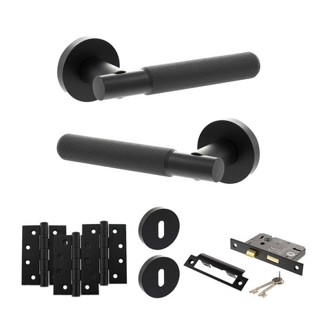 Quality image of Senza Pari Rosarno Door Handle Pack (3 Lever Lock Set - 2.5" CE Sashlock, 4" Fire Rated Hinges x3) - Matt Black | Sku. adpspr170mb16 | available from Trade Door Handles.