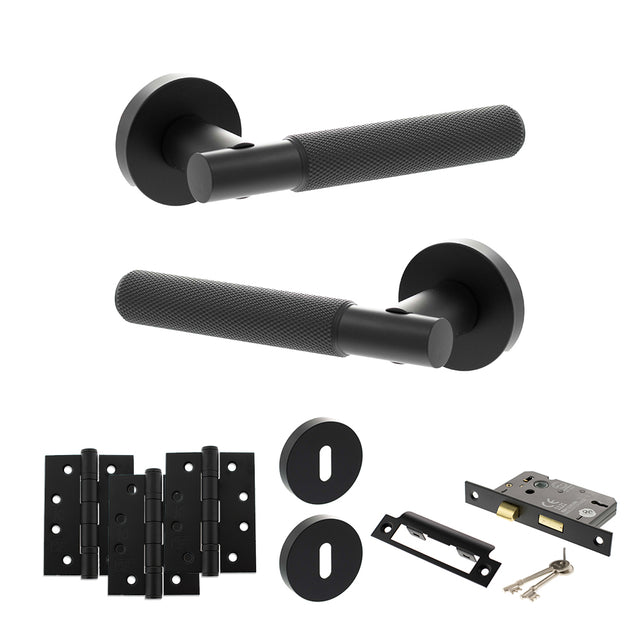 Quality image of Senza Pari Rosarno Door Handle Pack (3 Lever Lock Set - 2.5" CE Sashlock, 4" Fire Rated Hinges x3) - Matt Black | Sku. adpspr170mb16 | available from Trade Door Handles.
