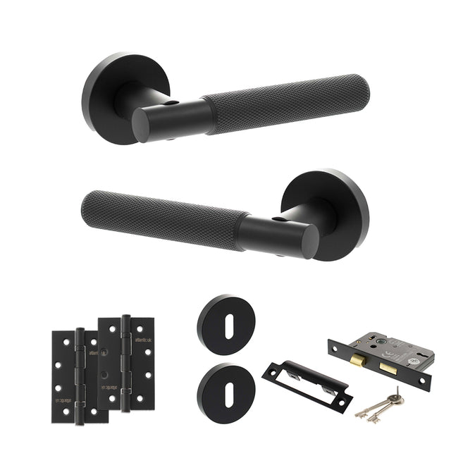 Quality image of Senza Pari Rosarno Door Handle Pack (3 Lever Lock Set - 2.5" CE Sashlock, 4" Slim Knuckle Hinges x2) - Matt Black | Sku. adpspr170mb18 | available from Trade Door Handles.